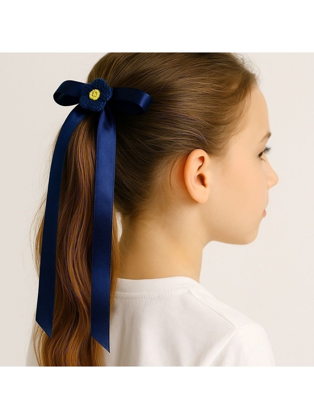 Hand Crafted navy ribbon bow alligator clip hair accessory crochet blue flower